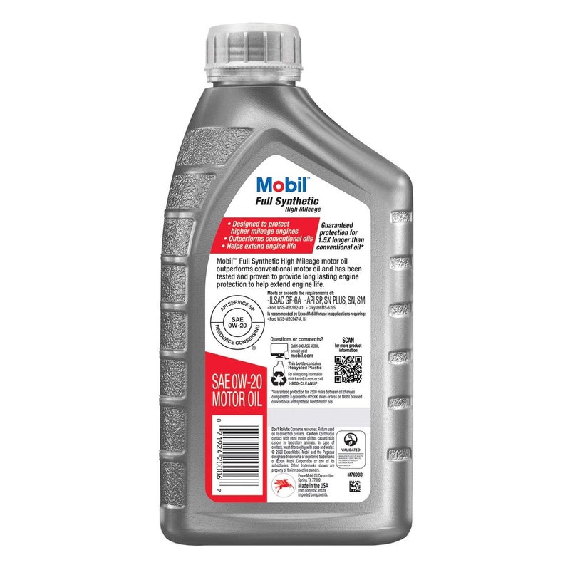 Mobil Full Synthetic High Mileage Motor Oil 0W-20, 1 Quart (6-pack) - Image 3